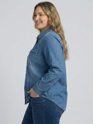 9 Impression Blue Solid Long Sleeve Plus Size Women's Denim Shirt with Flap Pocket On Chest (Blue; 4XL)
