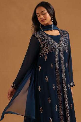 Soch Womens Teal Georgette Solid Salwar Suit With Stone Embellished Jacket