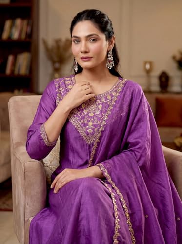 VARNI FABRICS: A lady's First Love Women's Vichitra Silk Embroidered Kurta With Pants and Dupatta, Ethnic Wear Set (IN, Alpha, S, Regular, Purple)