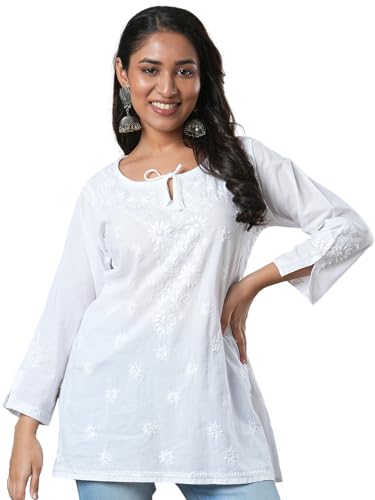 Ada Lucknowi Hand Embroidered Chikankari Straight White Cotton Top Tunic Kurti for Women A911209 (3XL)