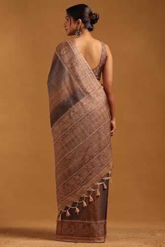 Soch Womens Earth Tussar Ethnic Motifs Saree With Kantha Embroidery
