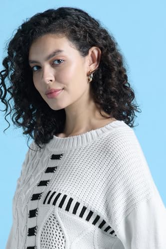 Women White Patterned Round Neck Casual Sweater