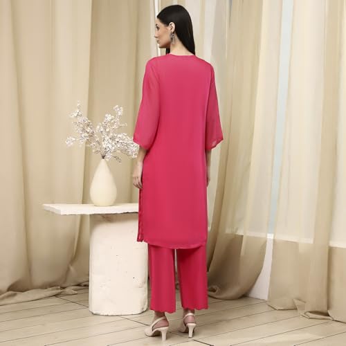 Biba Women Fuchsia Embroidered Straight Suit Set_38