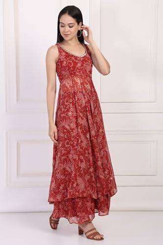 W for Woman Red Floral Print Zari Work Anarkali Chiffon Kurta with Flared Pant and Dupatta Set (WS13165-126056-S)