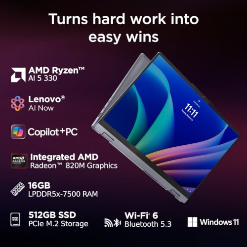 Lenovo IdeaPad 5 2-in-1 AMD Ryzen AI 5 330 (16GB RAM/512GB SSD/14 (35.5cm)/WUXGA IPS/Copilot+PC/Windows 11/Office 2024/Lenovo Digital Pen 2/1Yr ADP/Grey/1.6Kg), 83KT008AIN Convertible Laptop