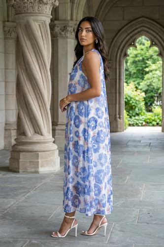 W for Woman Blue Floral Printed Sleeveless Chiffon A-line Dress - (W13500-126862-XS)