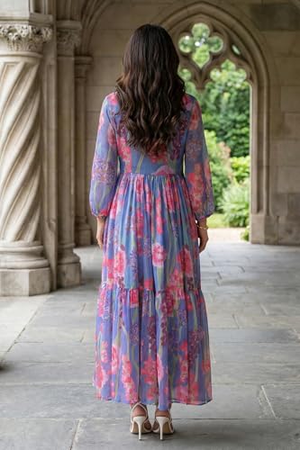 W for Woman Blue Floral Printed Chiffon Flared Dress - (W13789-125340-L)