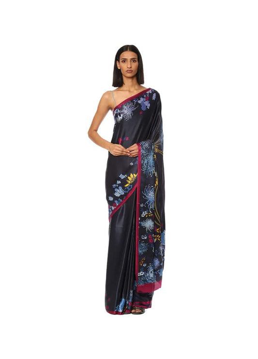 Satya Paul Blue Georgette Satin Silk Printed Casual Festive Party Wedding Saree for Women