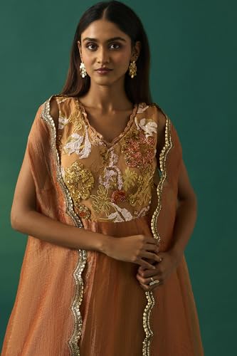 Wishful Women's Orange Embroidered Flared Dress with Churidar and Cape Set - (SP11492-401101-XL)