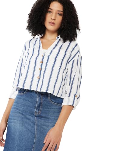 Max Women Striped Boxy Fit Crop Shirt(Blue_XL)