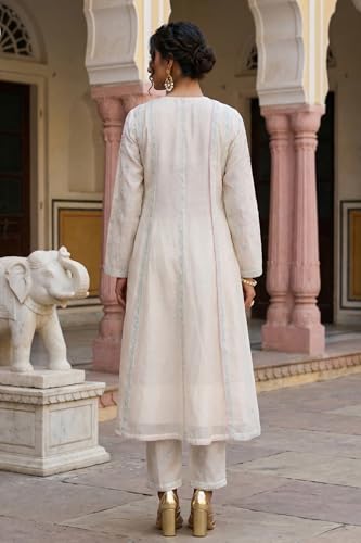 Wishful Women’s Off White Embroidered Chanderi A-line Kurta with Straight Pants and Dupatta Set - (SP12468-401487-S)