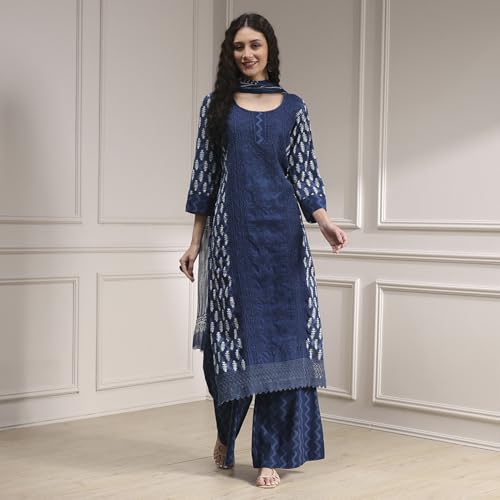 Biba Women Blue Cotton Hand Embroidered Unstitched Suit Set FREE SIZE