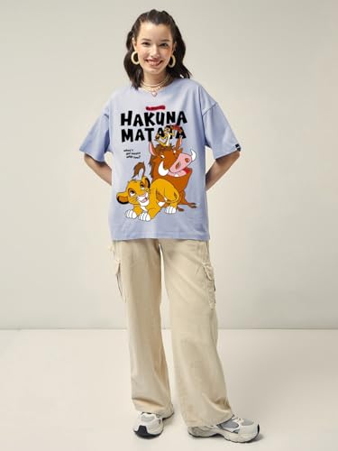 Bewakoof Official Disney Merchandise Hakuna Matata Women's Graphic Printed Oversized Fit Half Sleeve Round Neck Cotton T-Shirt_657328_Purple_3XL