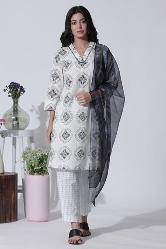 W for Woman White Geometric Printed V-neck Cotton Kurta, Salwar with Dupatta Set_24ONWS10600-123025_XL