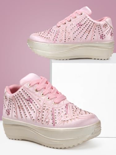LENSBURY Women's Shoes for Wedding Party Walking, Casual, Lightweight Bridal Lehnga Sneaker for Ladies and Girls LBCNV4025PNK-41 Pink