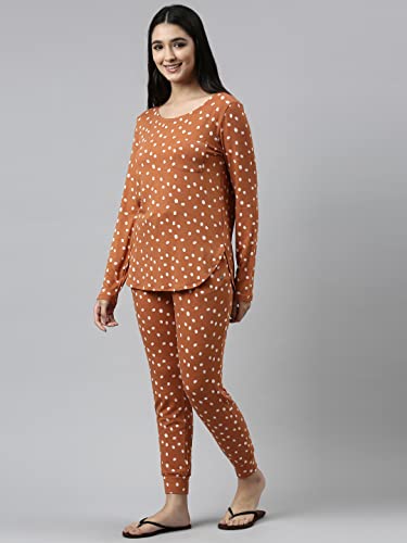 Enamor Essentials-Relaxed Fit Soft, Drapey Printed Top & Jogger Lounge Set for Womens-EC19 (EC19_Terra Cotta Circle Aop_2XL)