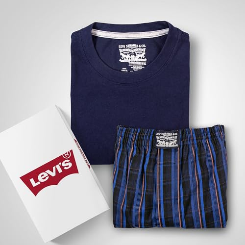 Levis' Men's Regular Fit 100% Cotton Round Neck Half Sleeve T Shirt with Checkered Boxer Shorts Set (Navy Blazer/Indigo Night Check, M)