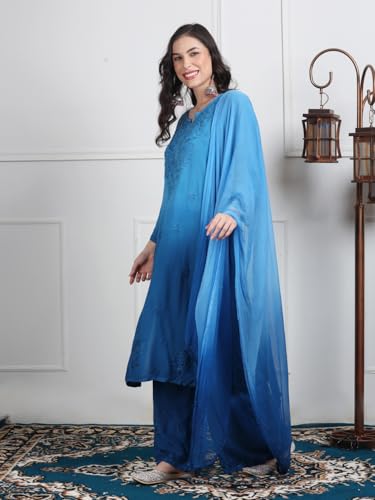 Fashion Chikan Art Women's Lucknowi Chikankari Hand-Embroidered Rayon Dyed Kurta, Palazzo & Dupatta 3-Piece Set | Festive, Ethnic & Causal Suit(2XL, Blue)