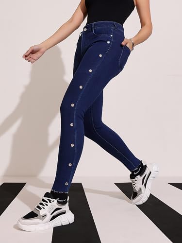 Dolce Crudo Women's Skinny Fit Mid Rise Cropped Length Eyelet Detailing Denim Stretchable Jeans (DOSS21DEN99-37-198-30, Dusty Blue, 30)