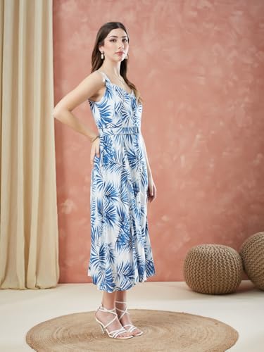 Latin Quarters Women's Blue Strap Sleeves Printed Sweatheart Casual Dress_L