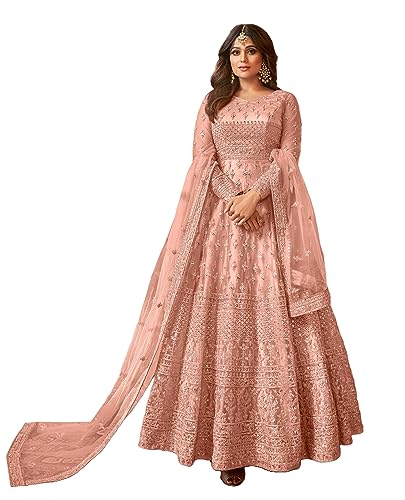 Divine International Trading Co Women's Net With Heavy Embroidery Work Long Anarkali Gown Salwar Suit Dupatta (Unstitched_SanjanaO-8396-Peach)