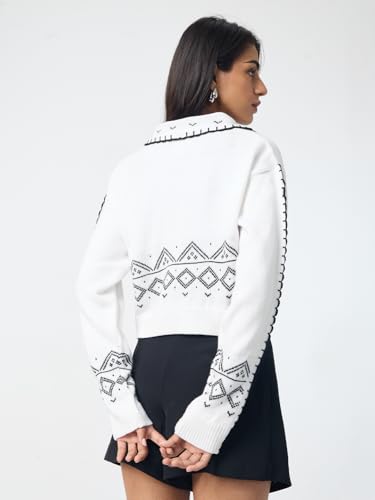 The Souled Store Textured Sweater: Linea Women and Girls Long Sleeves Round Neck White and Black Printed Knitted Acrylic Drop Shoulder Casual Lightweight Casual Winter Oversized Sweater