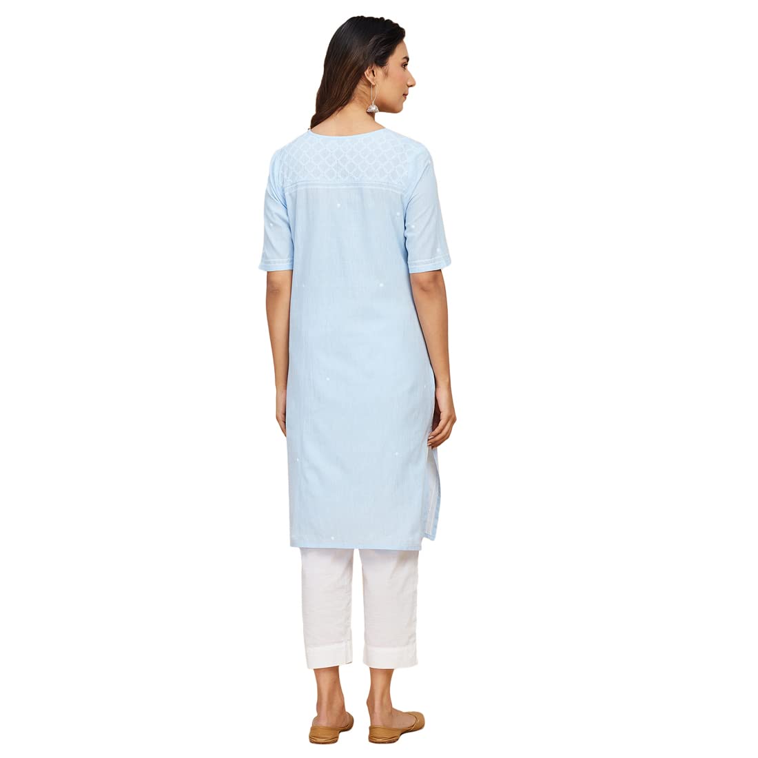 Fabindia Women's Cotton Chikankari Regular Kurta (210896802_Blue
