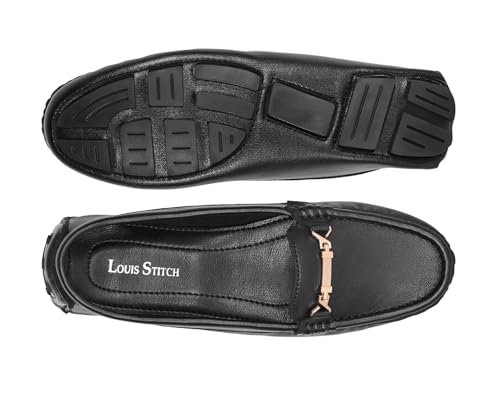 LOUIS STITCH Women’s Black Premium Slip-On Loafers with Buckle | Elegant Solid Slip-On Comfort Shoes for Casual and Formal Wear | Slip-On Loafer Shoes for Women | LSLD-BLR-HS04-JB | UK-5