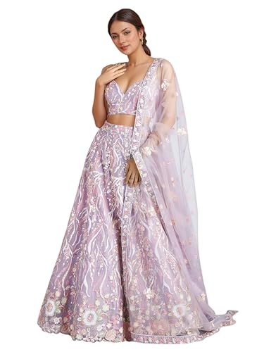 Zeel Clothing Women's Sequins Embroidered Work Soft Net Designer Lehenga Choli With Dupatta (6033-Lavender-Wedding-Lehenga-Choli; Free Size)