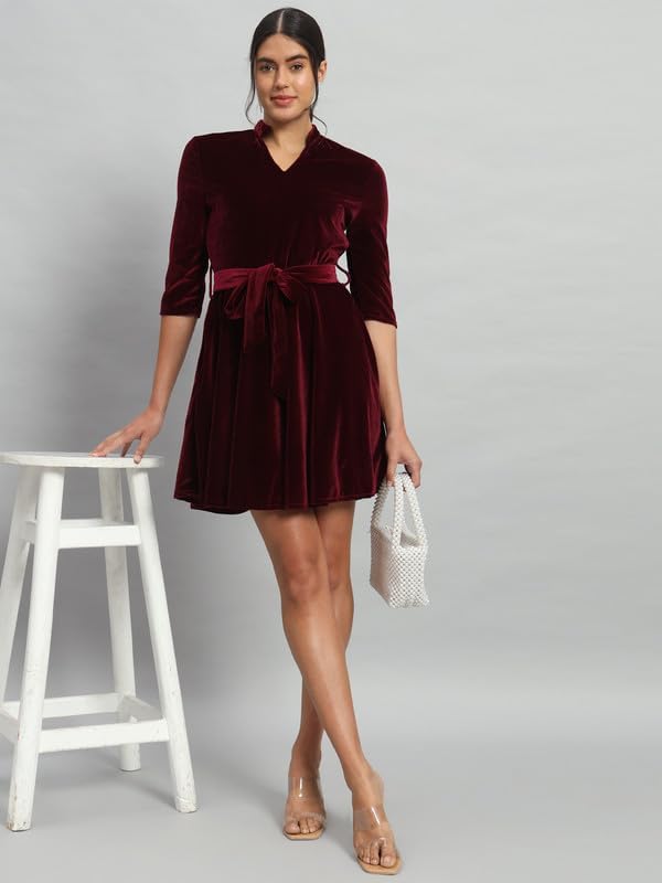 Vaararo Velvet Fit & Flare Mini Dress | Elegant with Belt & Mandarin Neck  Sporty Maroon X-Small