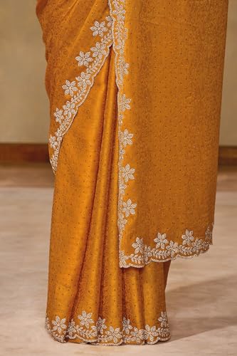 Soch Womens Mustard Fendy Georgette Woven Design Saree With Stone Work