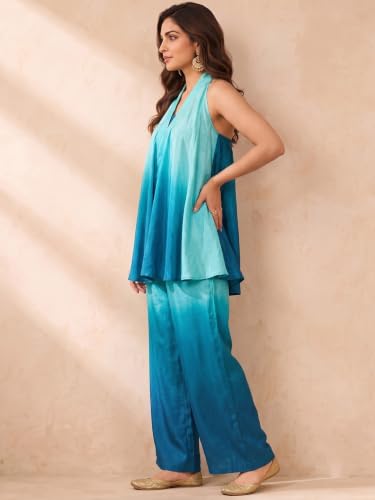 Varanga Women Blue A Line Kurta Palazzos Set Sleeveless Screen Print