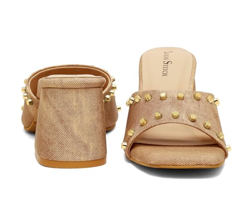 LOUIS STITCH Women’s Fashion Slip-On Block Heel Sandals | Open Toe Beige Stylish Mules Heel Sandal for Ladies, Fashionable and Comfortable Sandal (LSOF-LDBH-MUBD) (UK-3)