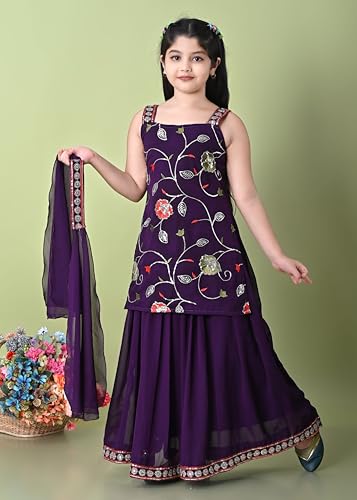 SPAMitude - Georgette Embroidery Sequin Kurta, Skirt and Dupatta Set for Girls – Ethnic Party Dress I Birthday Trendy Classic Outfit I Square Neck Sleeveless (PURPLE, 12-13 YEARS)