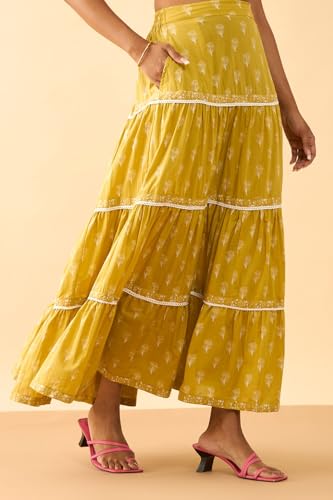 Taneira Women Dark Yellow Pure Cotton Rajasthan Screen Printed Lehenga (LEAM31DYL-Dark Yellow-L)