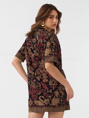 The Souled Store Nomad: Grace Women and Girls Short Sleeves Round Neck Black Abstract Printed Cotton Casual Everyday Mini Oversized T-Shirt Dress