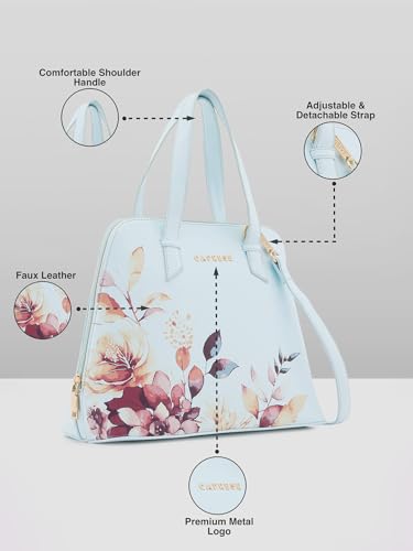 Caprese Alaya Medium Satchel Bag for Women | Stylish Floral Print Faux Leather Shoulder Bag with Multiple Compartments & Comfortable Handles | Perfect for Work, Travel, and Everyday Use (Blue)