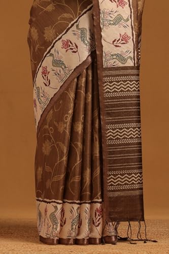 Soch Womens Brown Tussar Botanical Saree