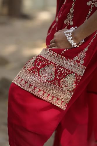 DIGILINE Girls Maroon Georgette Embriodered U Neck Short Sleeve Kurti Dhoti Pants Set With Dupatta | Traditional Stylish Straight Kurti Dhoti Pants Suits Set for Girls