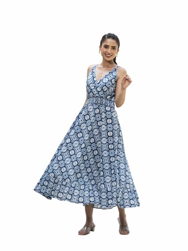 Divena Blue Floral Print Pure Cotton Fit & Flare Dress