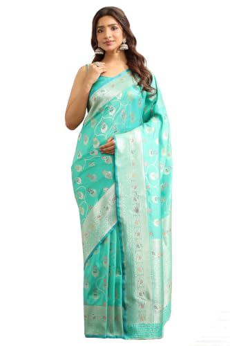 Soch Womens Teal Dola Silk Botanical Zari Woven Saree With Stone Work