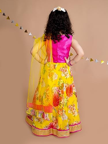 Pspeaches Girl's Yellow Pink Embroidered Polyester Readymade Lehenga Choli Set(Yellow-5-6Y)