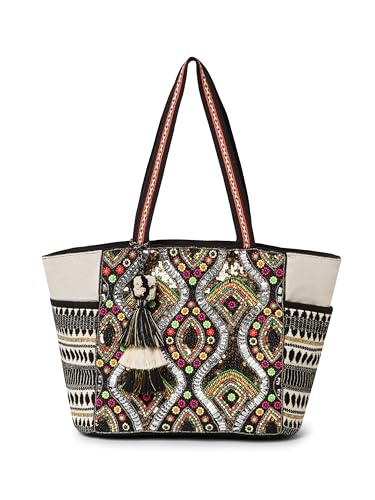 Anekaant Boho Natural, Black & Multicolor Acrylic Jacquard & Cotton Canvas Trellis Embellished Tote Bag