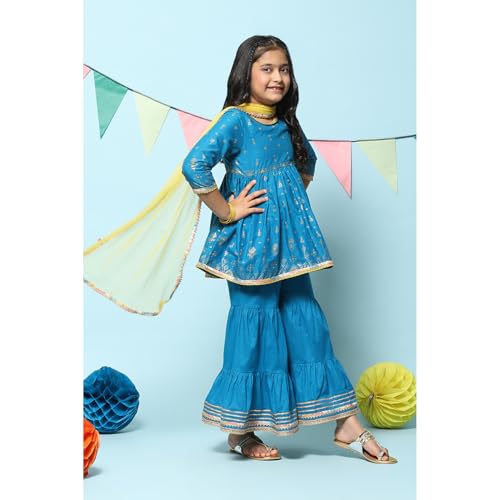 BIBA Girl's Cotton Printed Gathered Kid Kurta with Pant & Dupatta(Kw5482_Blue_9)