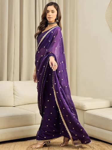 AKHILAM Women's Purple Pure Georgette Embroidered Ready To Wear one Minute Saree With Unstitched Blouse Piece (RTWRADHA1601_RX)