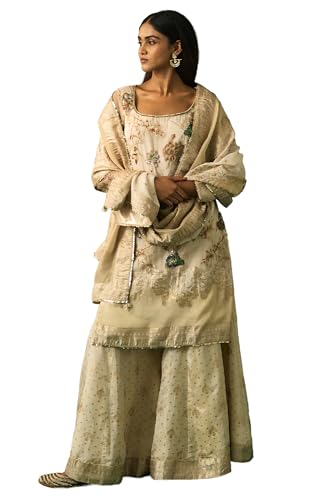 Wishful Women's Beige Floral Embroidered Tissue Straight Kurta with Sharara and Dupatta Set - (SP11495-401103-XXL)