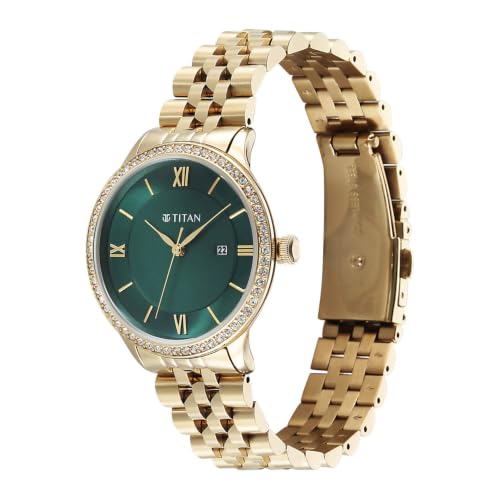 Titan Purple Prestige Quartz 3 Hands + Date Round Green Dial, Gold Stainless Steel Strap Watch for Women - 95247YM01