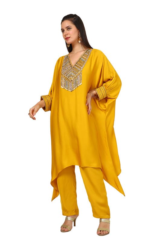 Soch Womens Mustard Viscose Crepe Kaftan Suit With Mirror Work