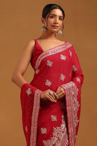 Soch Womens Fuchsia Fendy Georgette Ethnic Motifs Saree With Zari Embroidery and stone work
