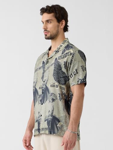 The Souled Store Superman: It's in The News Men and Boys Short Sleeves Collared Neck Button Front Grey All Over Printed Regular Fit Rayon Holiday Shirts